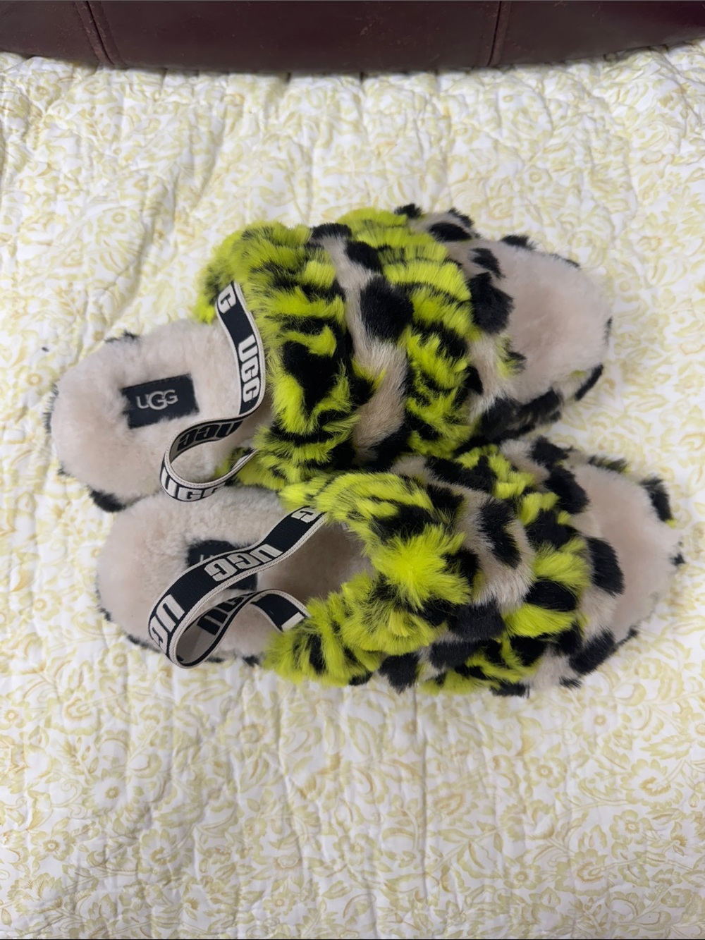UGG Neon Yellow & Black Leopard Fluff Slide with Branded Heel Strap